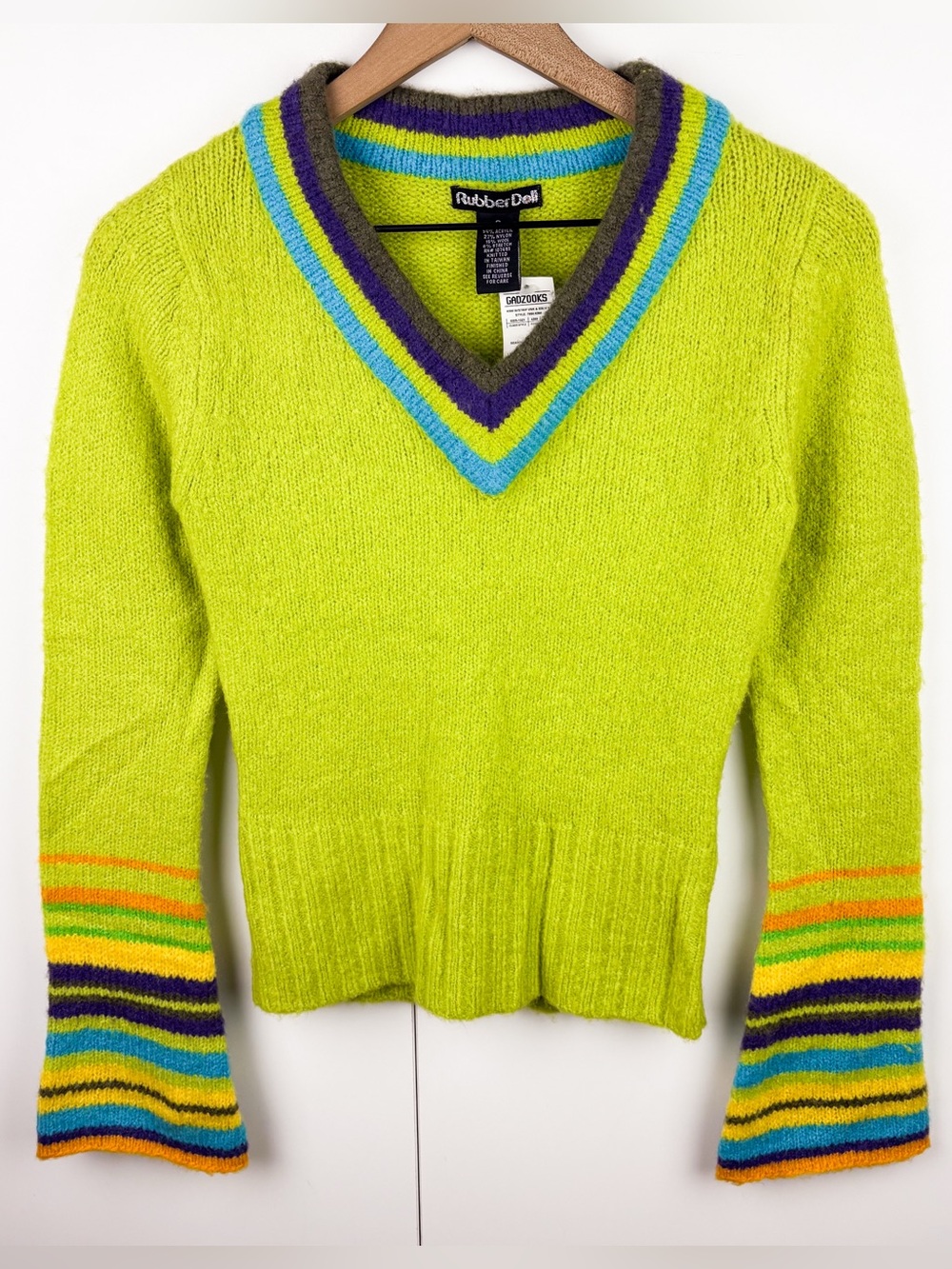 Y2K Neon Funky Bold Striped Bell Sleeve V Neck Crop Sweater Vintage NEW Wool